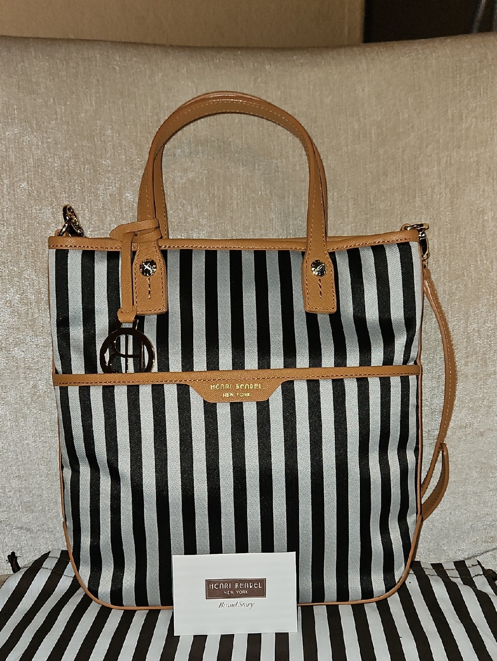 Henri Bendel Black & Gray  Striped Tote with Tan Trim